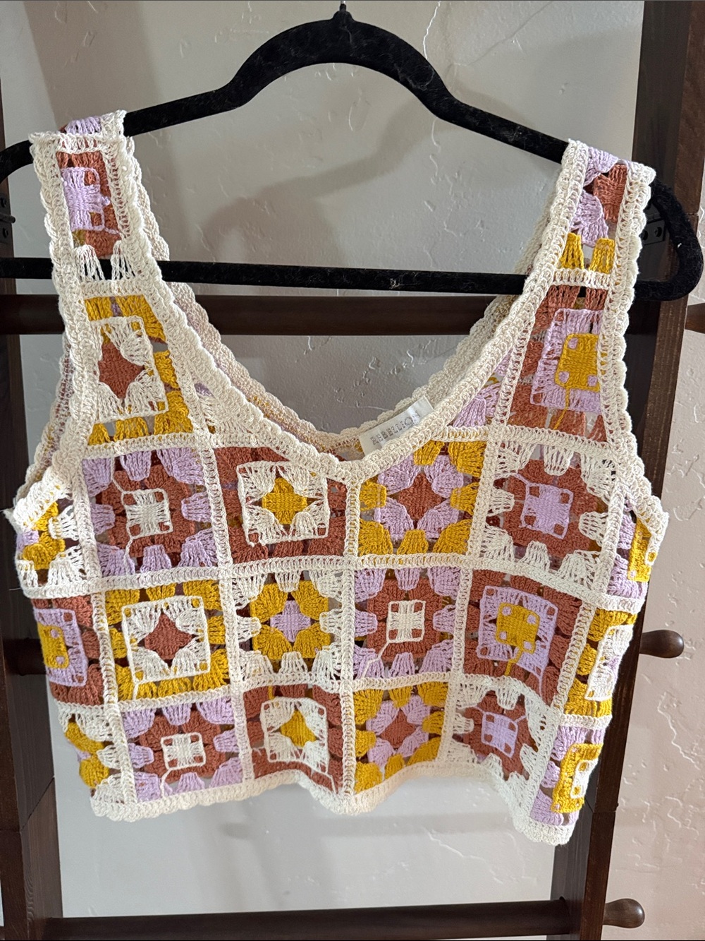Crochet Square Tank Top — White Trim with Pink, Mustard & Brown Squares